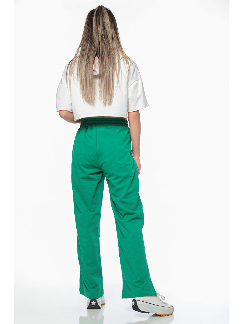 Yeşil Kadın Yan Şeritli Yırtmaç Detaylı Bel Lastikli Alt Eşofman-5