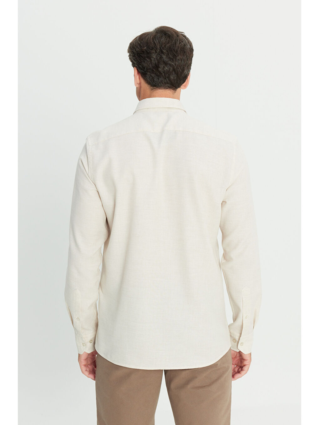 Erkek Bej Pamuklu Flanel Slim Fit Dar Kesim Düğmeli Yaka Gömlek-4