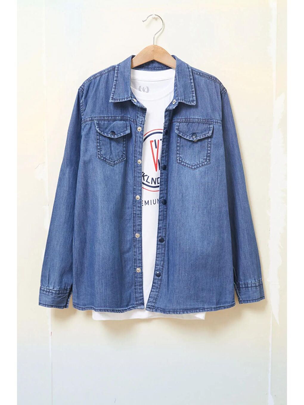 Mavi Logolu Tişörtlü Jean Gömlekli Erkek Çocuk 2li Takım 17718