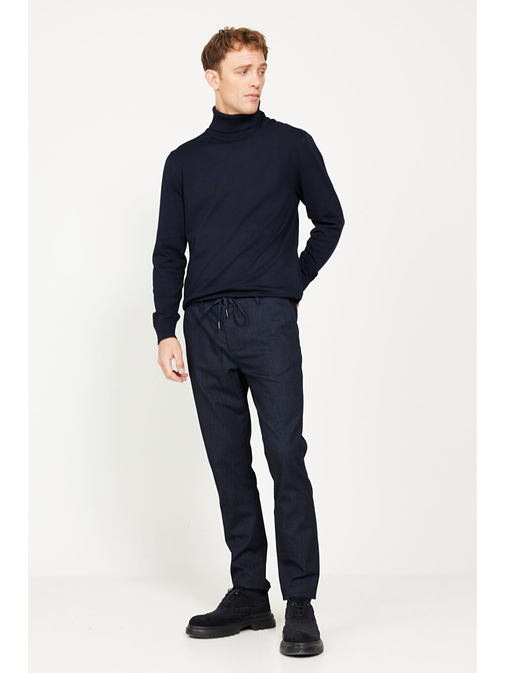 Erkek Koyu Lacivert Slim Fit Dar Kesim Yan Cepli Esnek Beli Bağlamalı Esnek Denim Pantolon-3