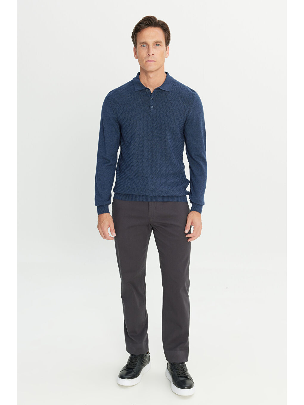 Erkek İndigo Melanj Pamuklu Standart Fit Normal Kesim Polo Yaka Armürlü Triko Kazak-1