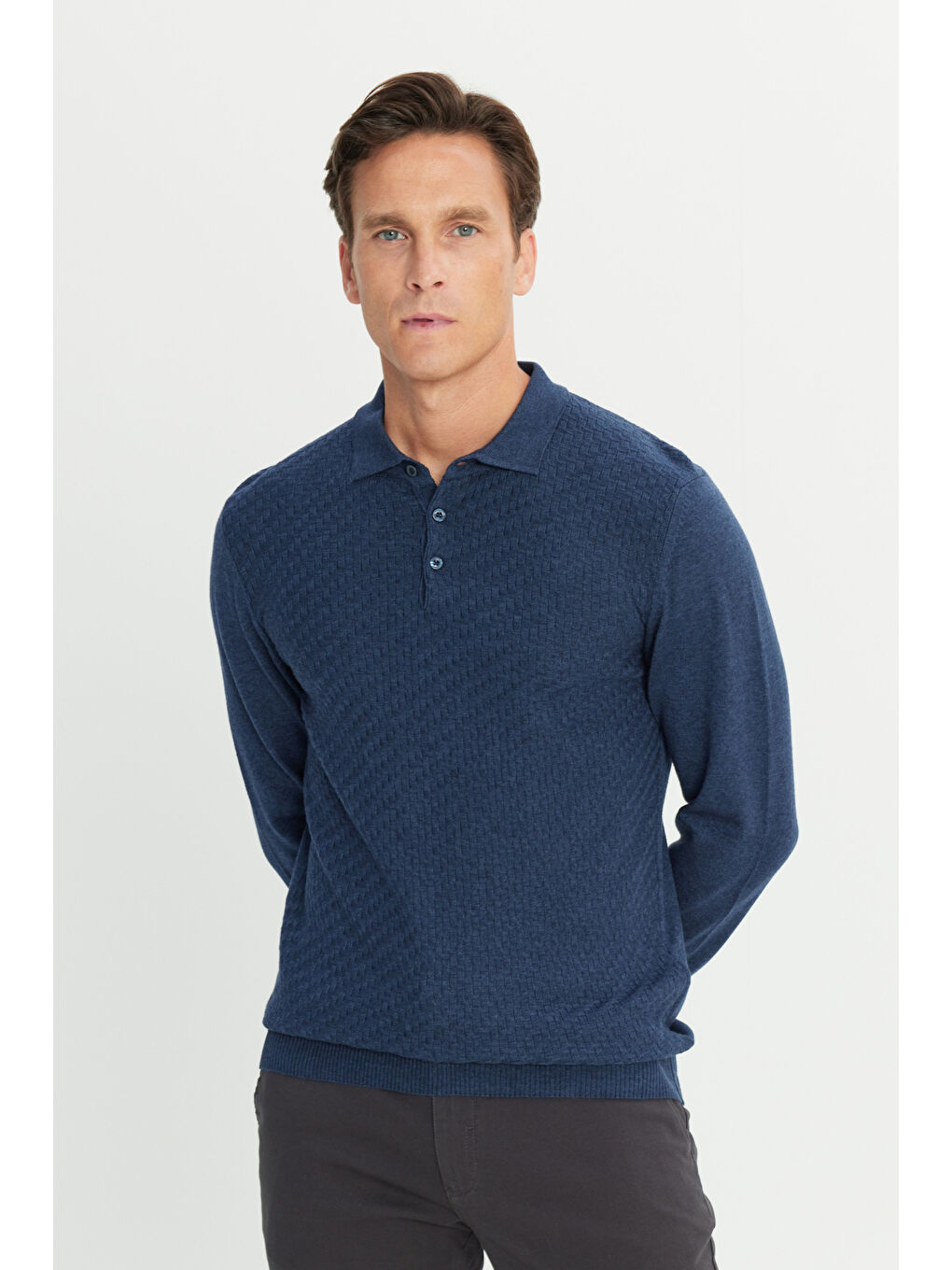 Erkek İndigo Melanj Pamuklu Standart Fit Normal Kesim Polo Yaka Armürlü Triko Kazak-2