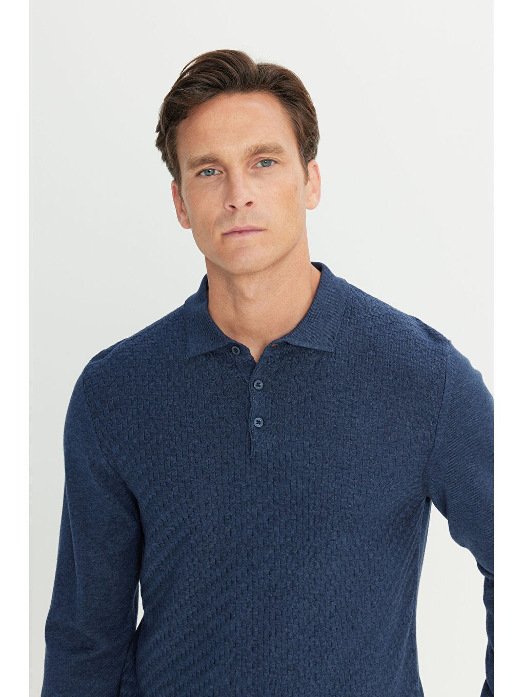 Erkek İndigo Melanj Pamuklu Standart Fit Normal Kesim Polo Yaka Armürlü Triko Kazak-3