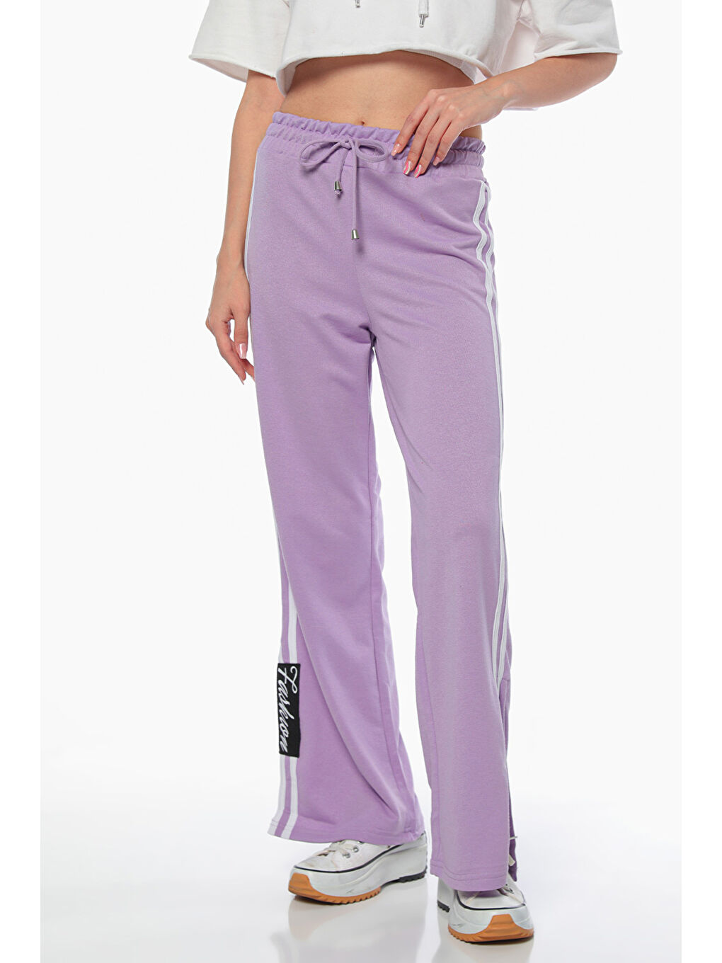 Lila Kadın Yan Şeritli Yırtmaç Detaylı Bel Lastikli Alt Eşofman