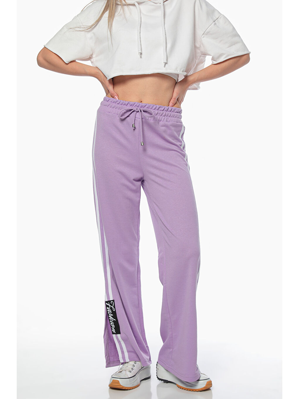 Lila Kadın Yan Şeritli Yırtmaç Detaylı Bel Lastikli Alt Eşofman-1