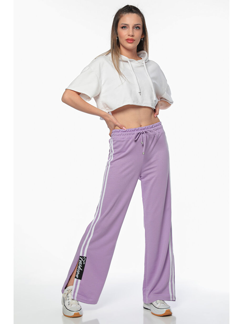 Lila Kadın Yan Şeritli Yırtmaç Detaylı Bel Lastikli Alt Eşofman-2