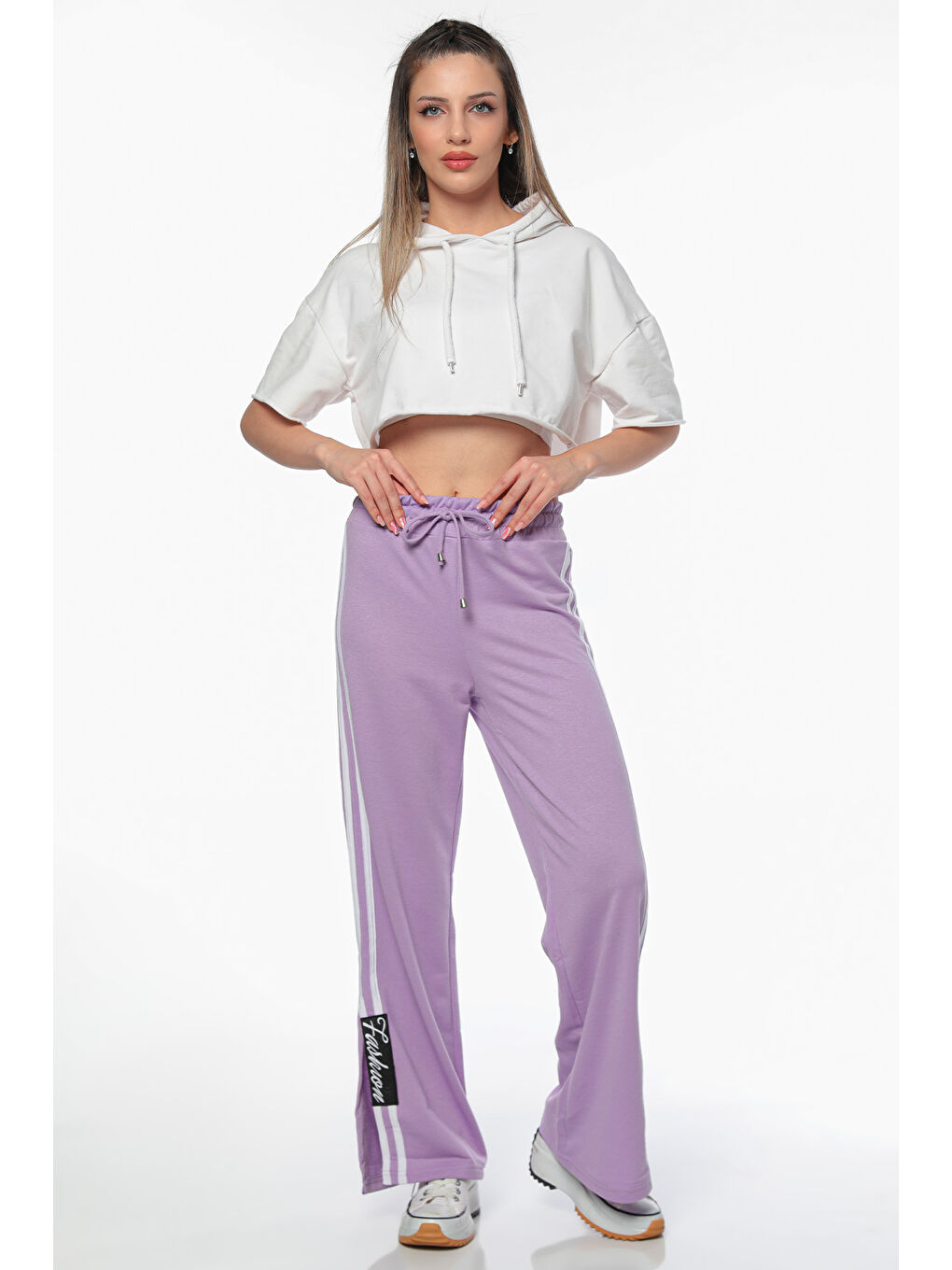 Lila Kadın Yan Şeritli Yırtmaç Detaylı Bel Lastikli Alt Eşofman-3