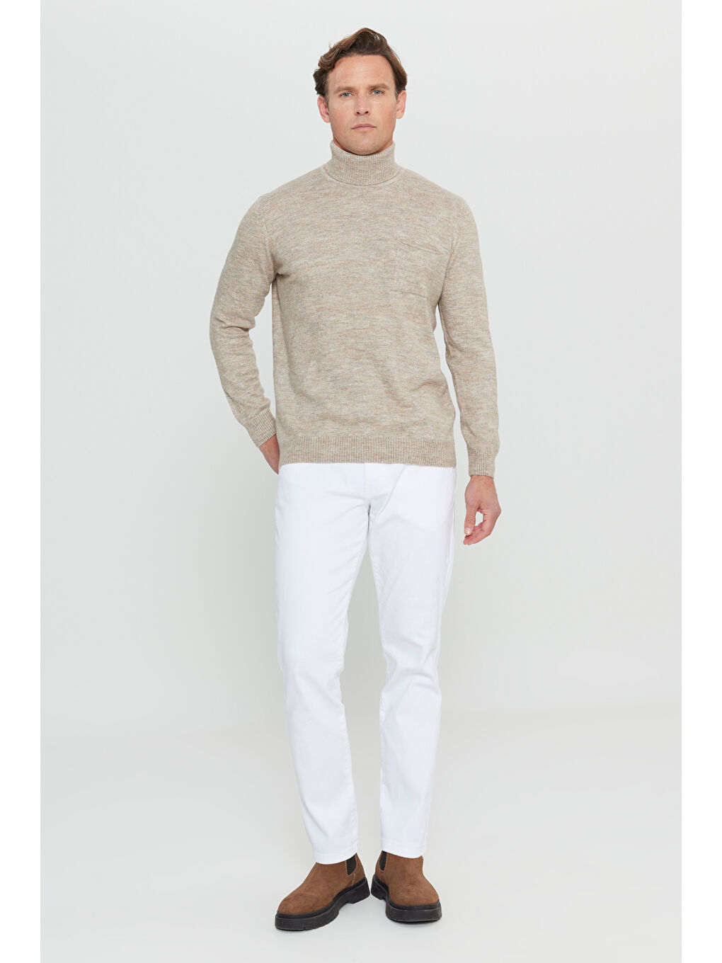 Erkek Bej Melanj Standart Fit Normal Kesim Tam Balıkçı Yaka Cepli Triko Kazak-1