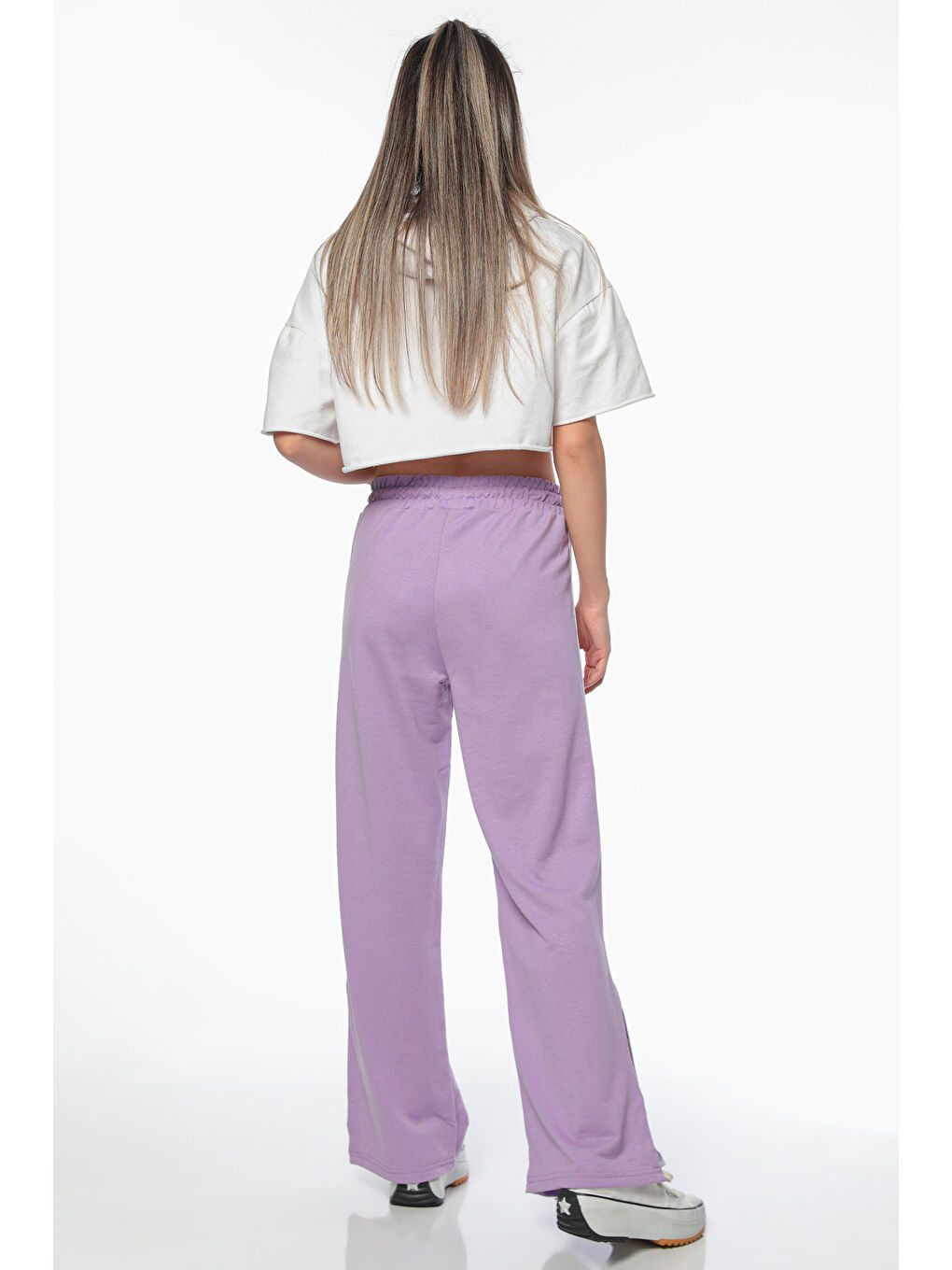 Lila Kadın Yan Şeritli Yırtmaç Detaylı Bel Lastikli Alt Eşofman-4