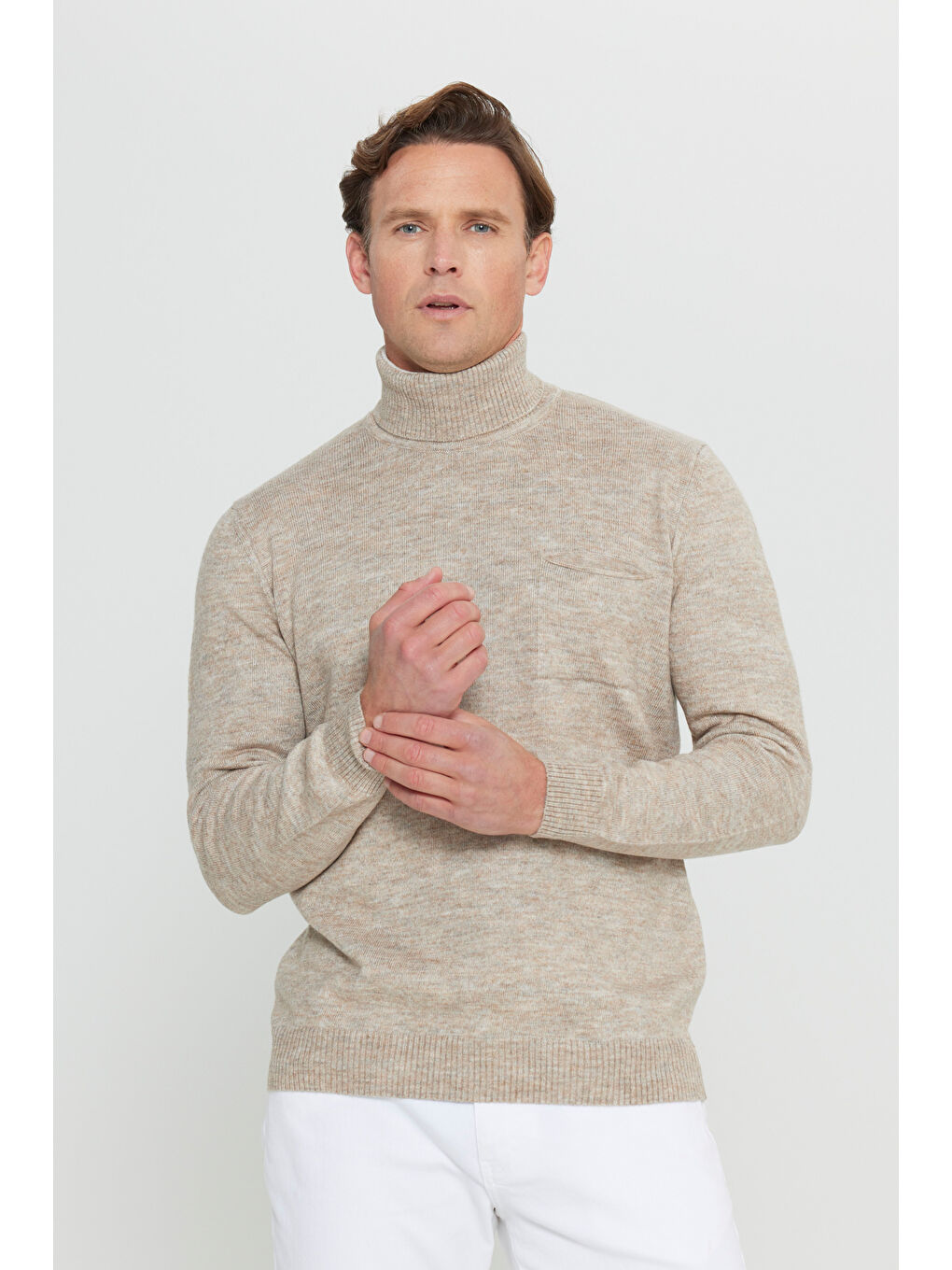 Erkek Bej Melanj Standart Fit Normal Kesim Tam Balıkçı Yaka Cepli Triko Kazak-2