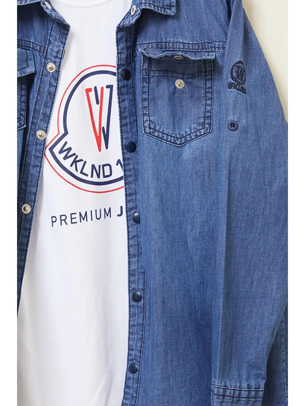 Mavi Logolu Tişörtlü Jean Gömlekli Erkek Çocuk 2li Takım 17718-2