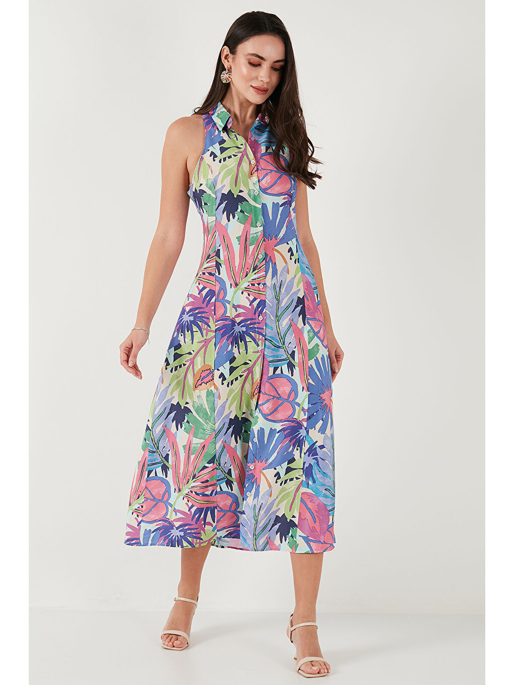 Bej Desenli Slim Fit Düğmeli Midi Boy Kadın Gömlek Elbise 6772451-2