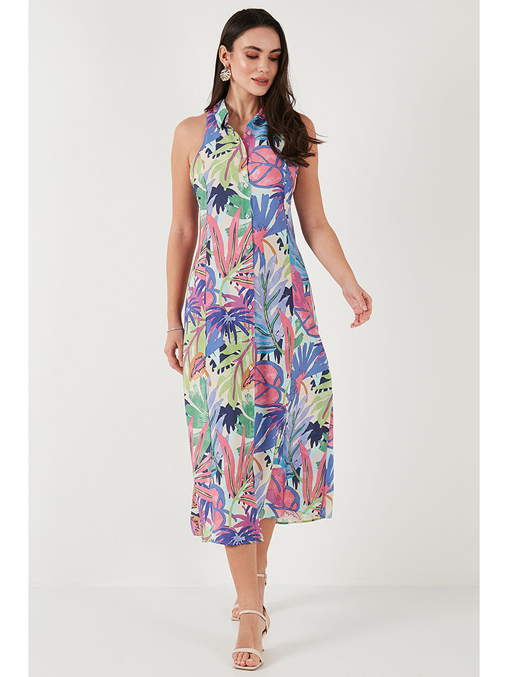 Bej Desenli Slim Fit Düğmeli Midi Boy Kadın Gömlek Elbise 6772451-3