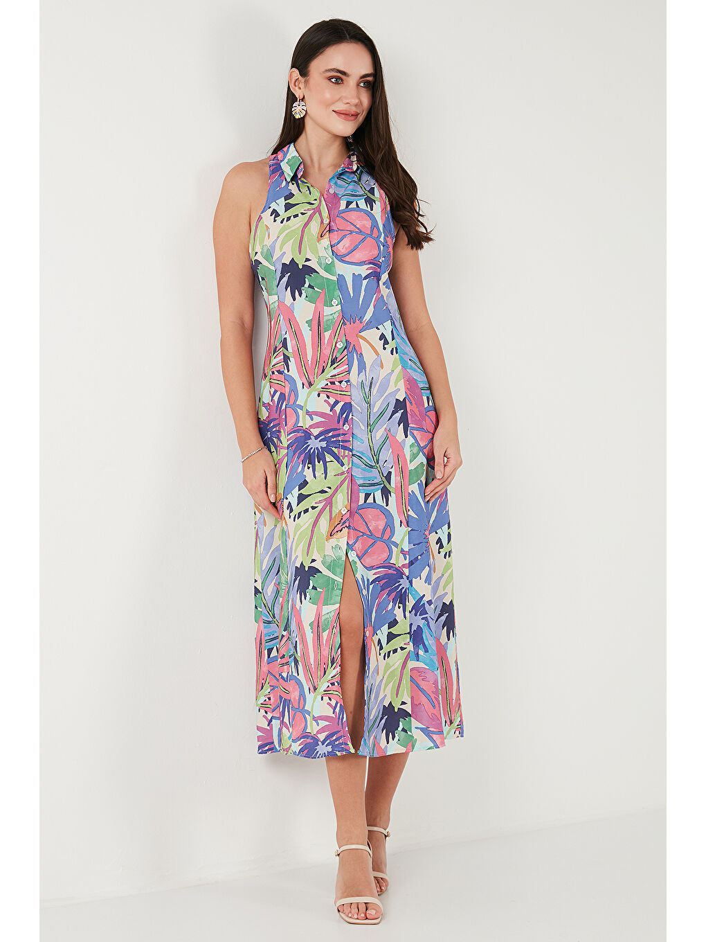 Bej Desenli Slim Fit Düğmeli Midi Boy Kadın Gömlek Elbise 6772451-4