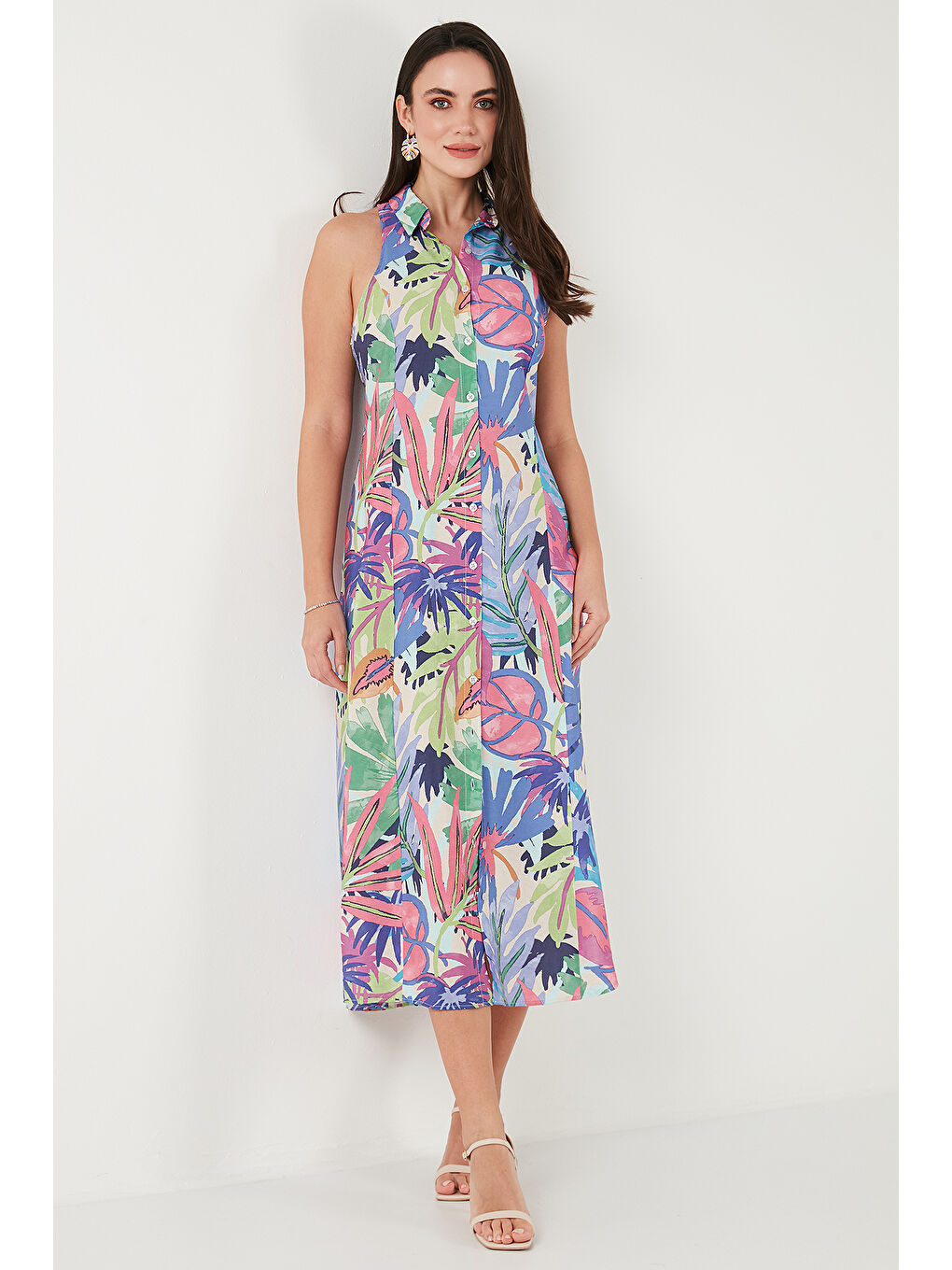 Bej Desenli Slim Fit Düğmeli Midi Boy Kadın Gömlek Elbise 6772451-5