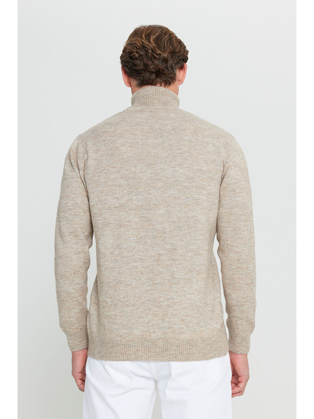 Erkek Bej Melanj Standart Fit Normal Kesim Tam Balıkçı Yaka Cepli Triko Kazak-4