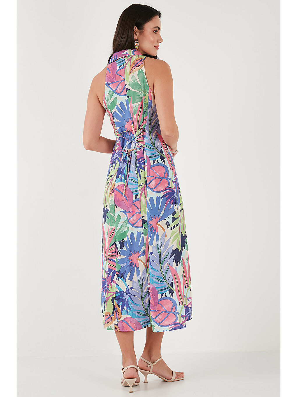 Bej Desenli Slim Fit Düğmeli Midi Boy Kadın Gömlek Elbise 6772451-6