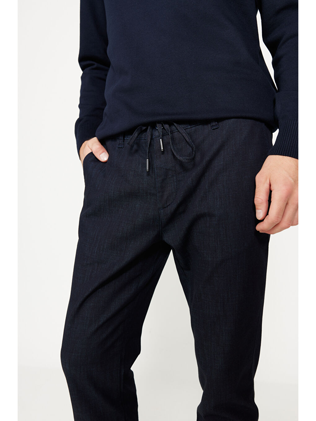 Erkek Koyu Lacivert Slim Fit Dar Kesim Yan Cepli Esnek Beli Bağlamalı Esnek Denim Pantolon-5