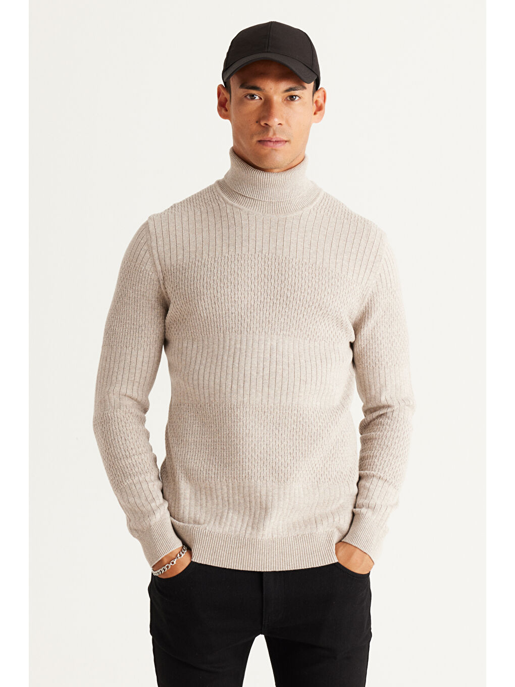 Erkek Bej Melanj Recycle Standart Fit Normal Kesim Tam Balıkçı Yaka Pamuklu Jakarlı Triko Kazak