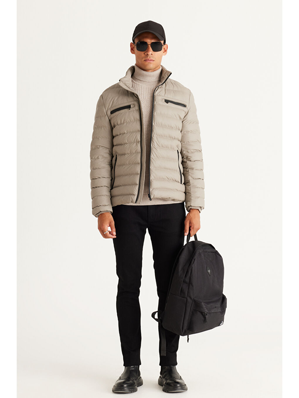 Erkek Bej Melanj Recycle Standart Fit Normal Kesim Tam Balıkçı Yaka Pamuklu Jakarlı Triko Kazak-1