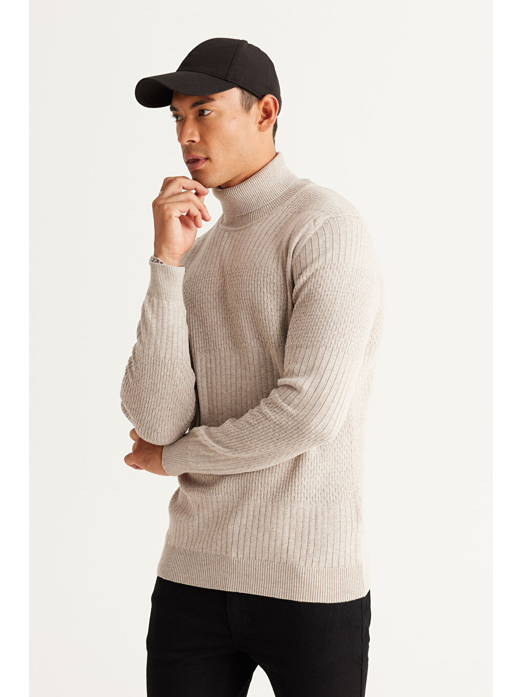 Erkek Bej Melanj Recycle Standart Fit Normal Kesim Tam Balıkçı Yaka Pamuklu Jakarlı Triko Kazak-2