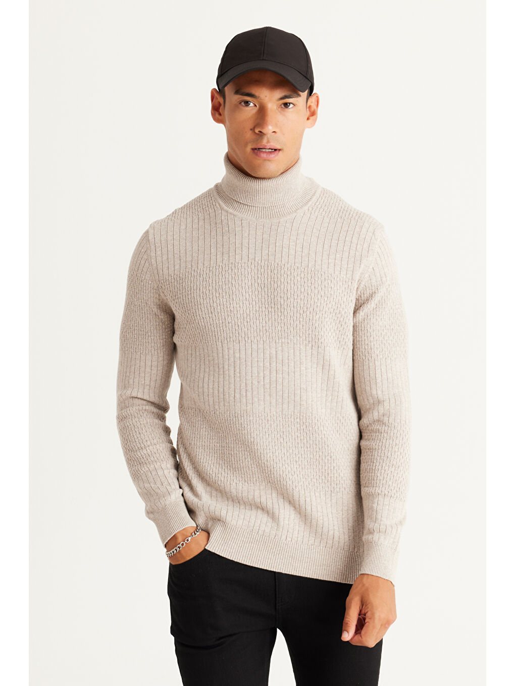 Erkek Bej Melanj Recycle Standart Fit Normal Kesim Tam Balıkçı Yaka Pamuklu Jakarlı Triko Kazak-3