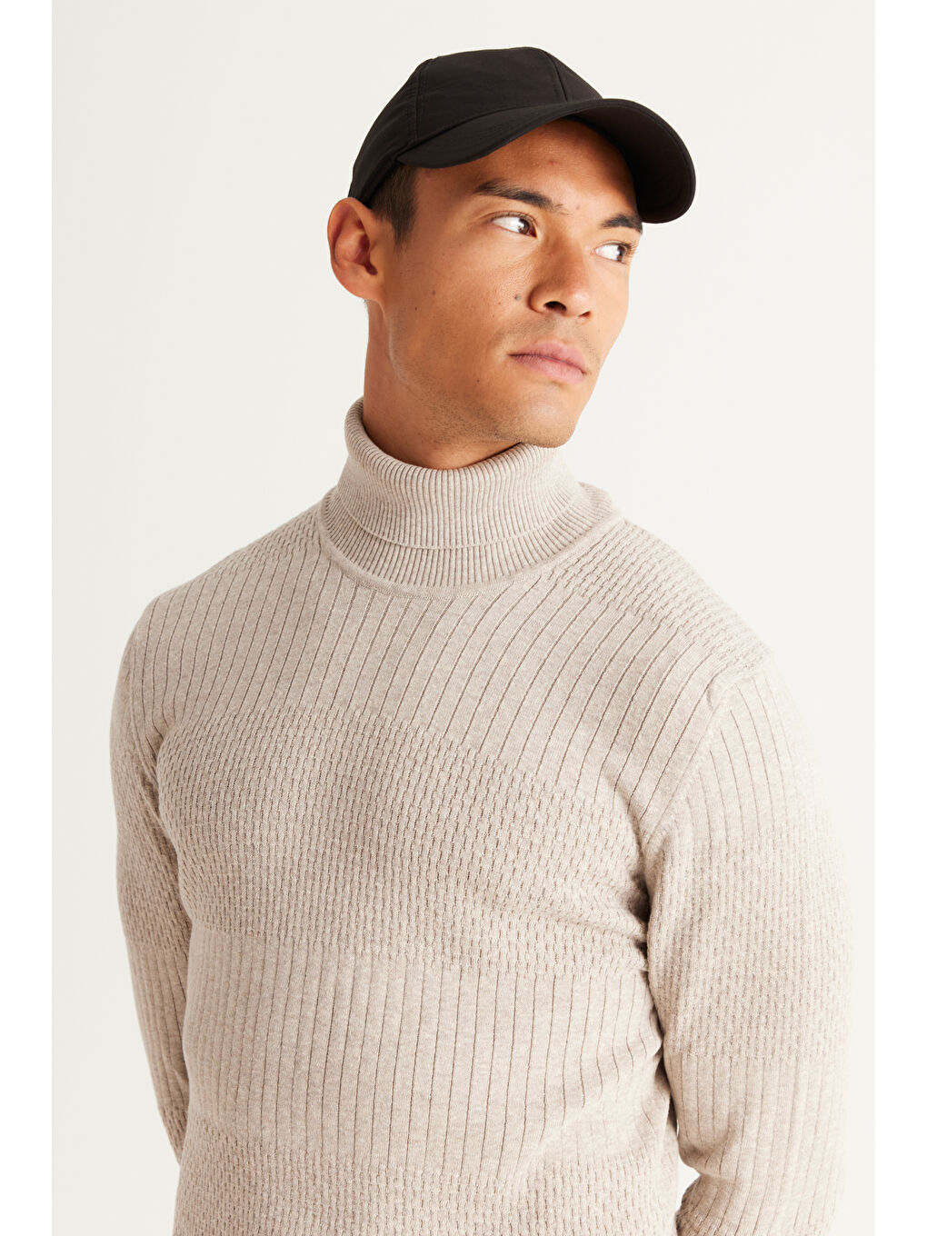 Erkek Bej Melanj Recycle Standart Fit Normal Kesim Tam Balıkçı Yaka Pamuklu Jakarlı Triko Kazak-4