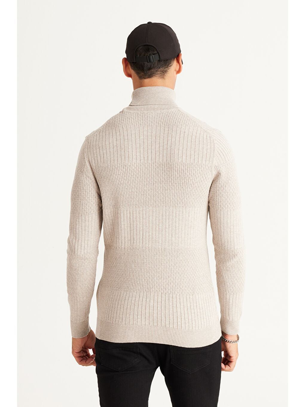 Erkek Bej Melanj Recycle Standart Fit Normal Kesim Tam Balıkçı Yaka Pamuklu Jakarlı Triko Kazak-5