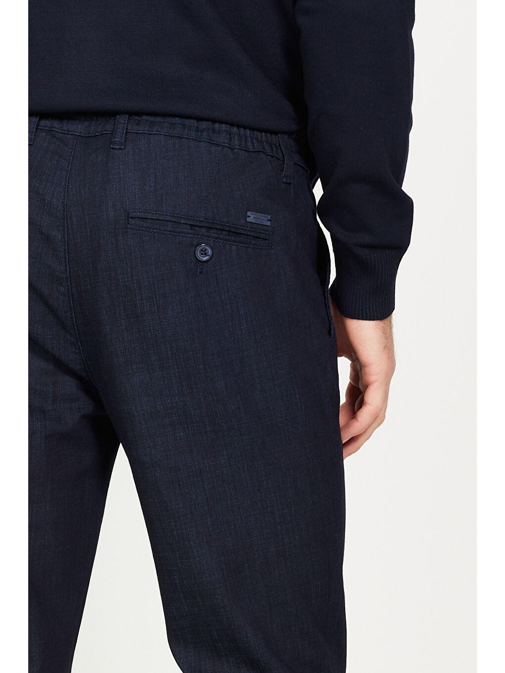 Erkek Koyu Lacivert Slim Fit Dar Kesim Yan Cepli Esnek Beli Bağlamalı Esnek Denim Pantolon-6