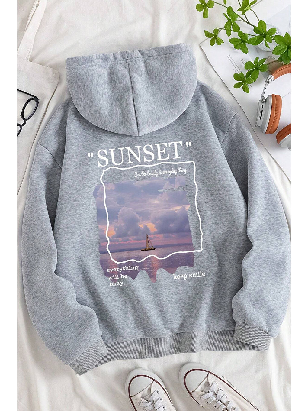 uyguntarz Gri Unisex Sunset Baskılı Sweatshirt - 1