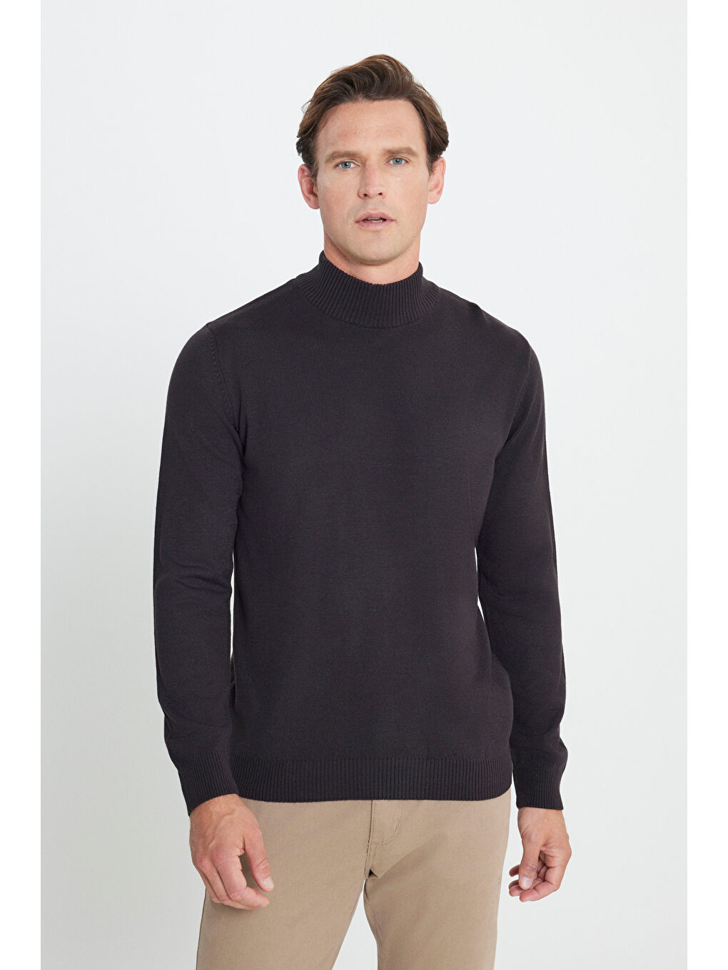 Kahverengi Erkek Kahve-Yeşil 2'li Paket Standart Fit Normal Kesim Yarım Balıkçı Yaka Basic Triko Kazak-1