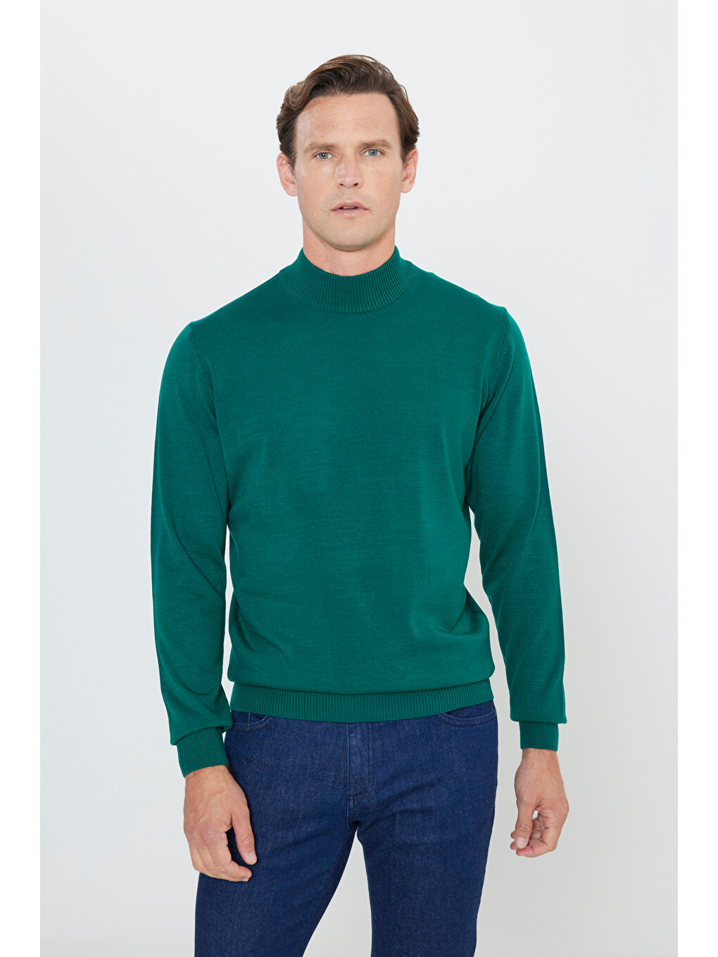 Kahverengi Erkek Kahve-Yeşil 2'li Paket Standart Fit Normal Kesim Yarım Balıkçı Yaka Basic Triko Kazak-2