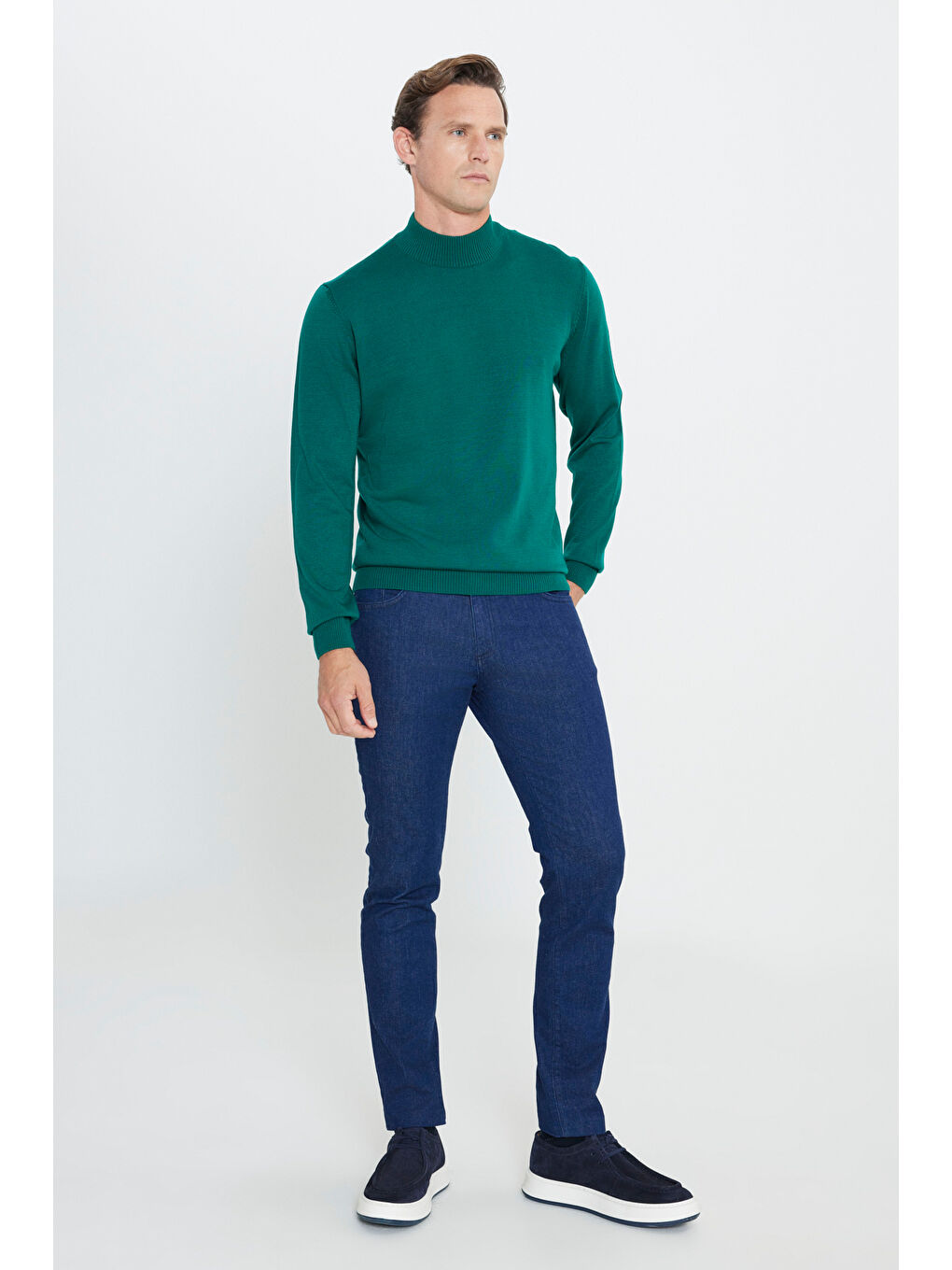 Kahverengi Erkek Kahve-Yeşil 2'li Paket Standart Fit Normal Kesim Yarım Balıkçı Yaka Basic Triko Kazak-4