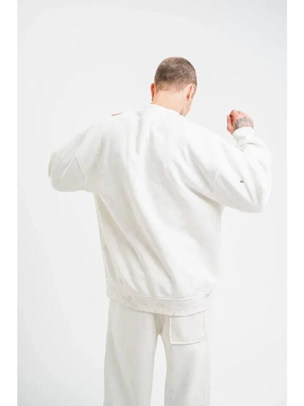 Unisex Uzun Kol Bisiklet Yaka Yıkamalı Sweatshirt - Beyaz-1