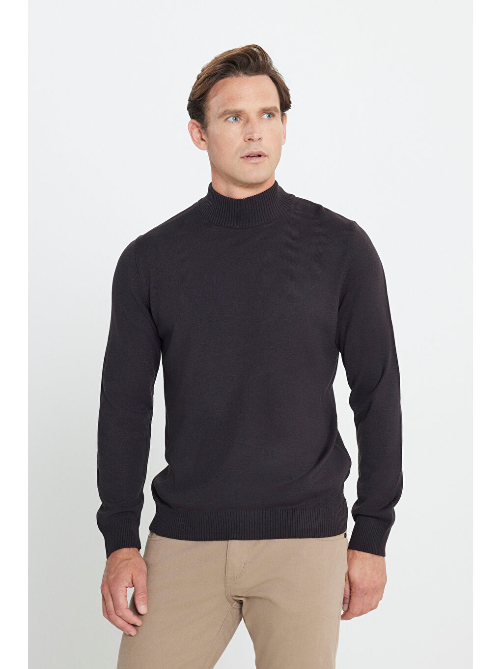 Kahverengi Erkek Kahve-Yeşil 2'li Paket Standart Fit Normal Kesim Yarım Balıkçı Yaka Basic Triko Kazak-5