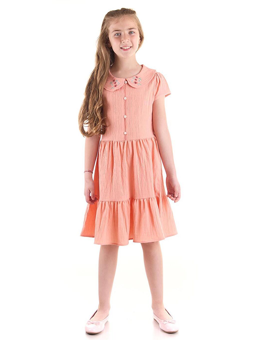 Pembe Kız Çocuk Düğmeli Yaka Nakışlı Elbise Trend Pamuklu