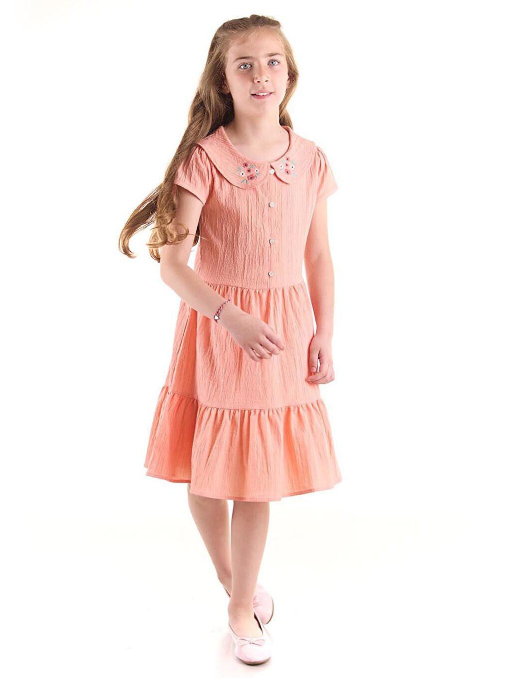 Pembe Kız Çocuk Düğmeli Yaka Nakışlı Elbise Trend Pamuklu-1
