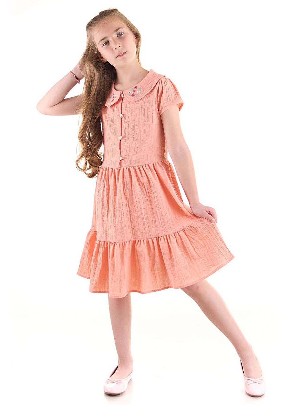 Pembe Kız Çocuk Düğmeli Yaka Nakışlı Elbise Trend Pamuklu-2