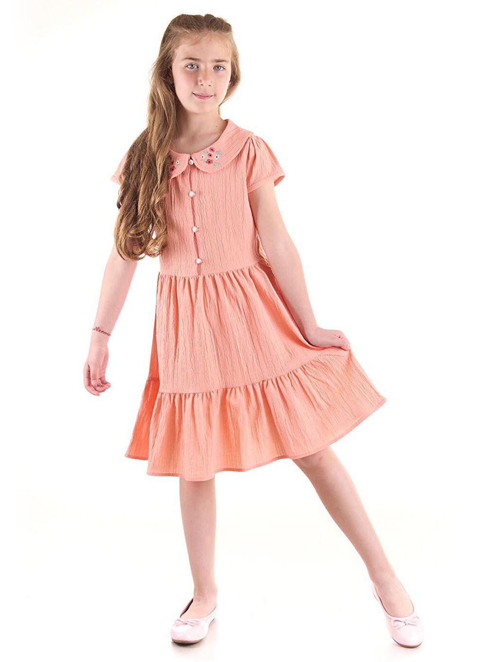 Pembe Kız Çocuk Düğmeli Yaka Nakışlı Elbise Trend Pamuklu-3