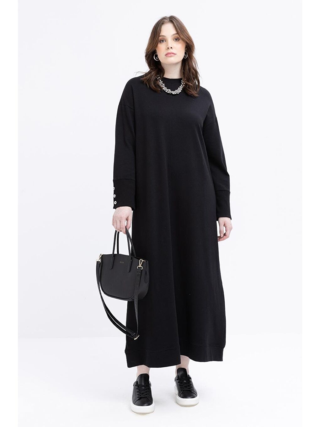 Siyah-Manşeti Kalın Ribanalı Düğme Detaylı Büyük Beden Elbise