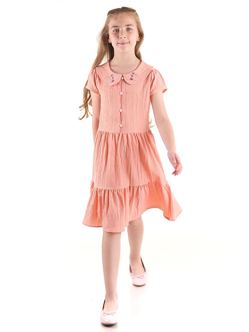 Pembe Kız Çocuk Düğmeli Yaka Nakışlı Elbise Trend Pamuklu-4