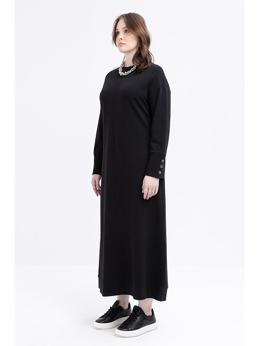 Siyah-Manşeti Kalın Ribanalı Düğme Detaylı Büyük Beden Elbise-1