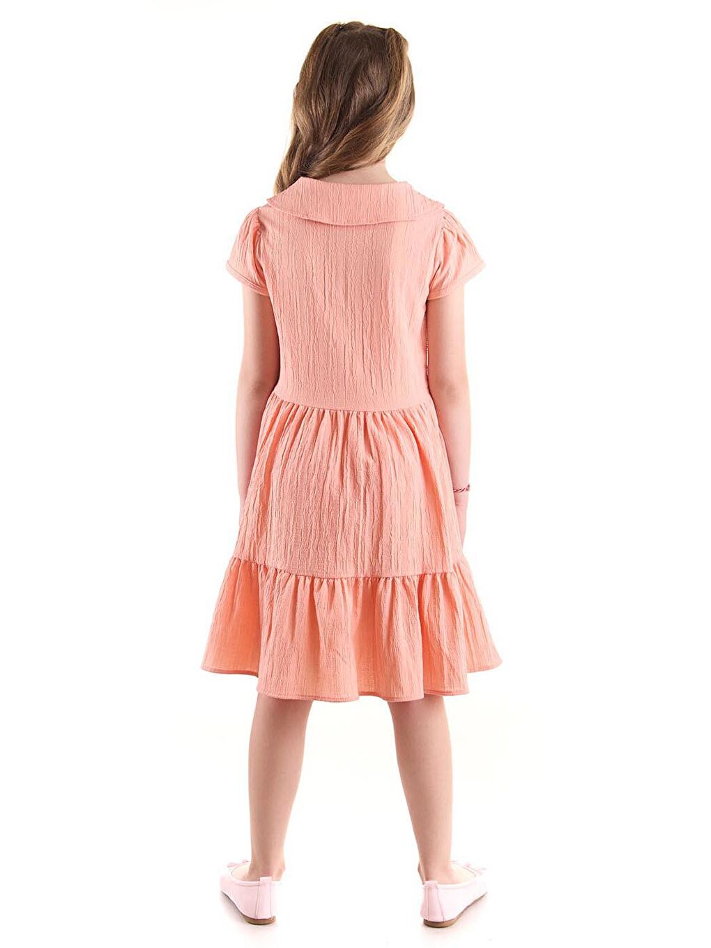 Pembe Kız Çocuk Düğmeli Yaka Nakışlı Elbise Trend Pamuklu-7