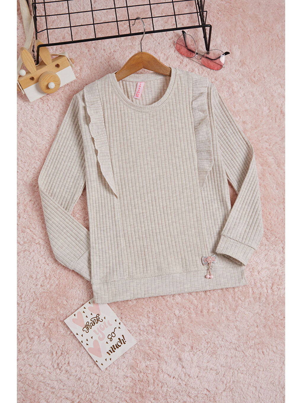 Ekru Krem Önü Fırfırlı Fitilli Uzun Kollu Sweatshirt