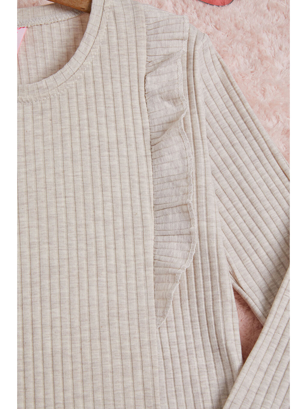 Ekru Krem Önü Fırfırlı Fitilli Uzun Kollu Sweatshirt-2