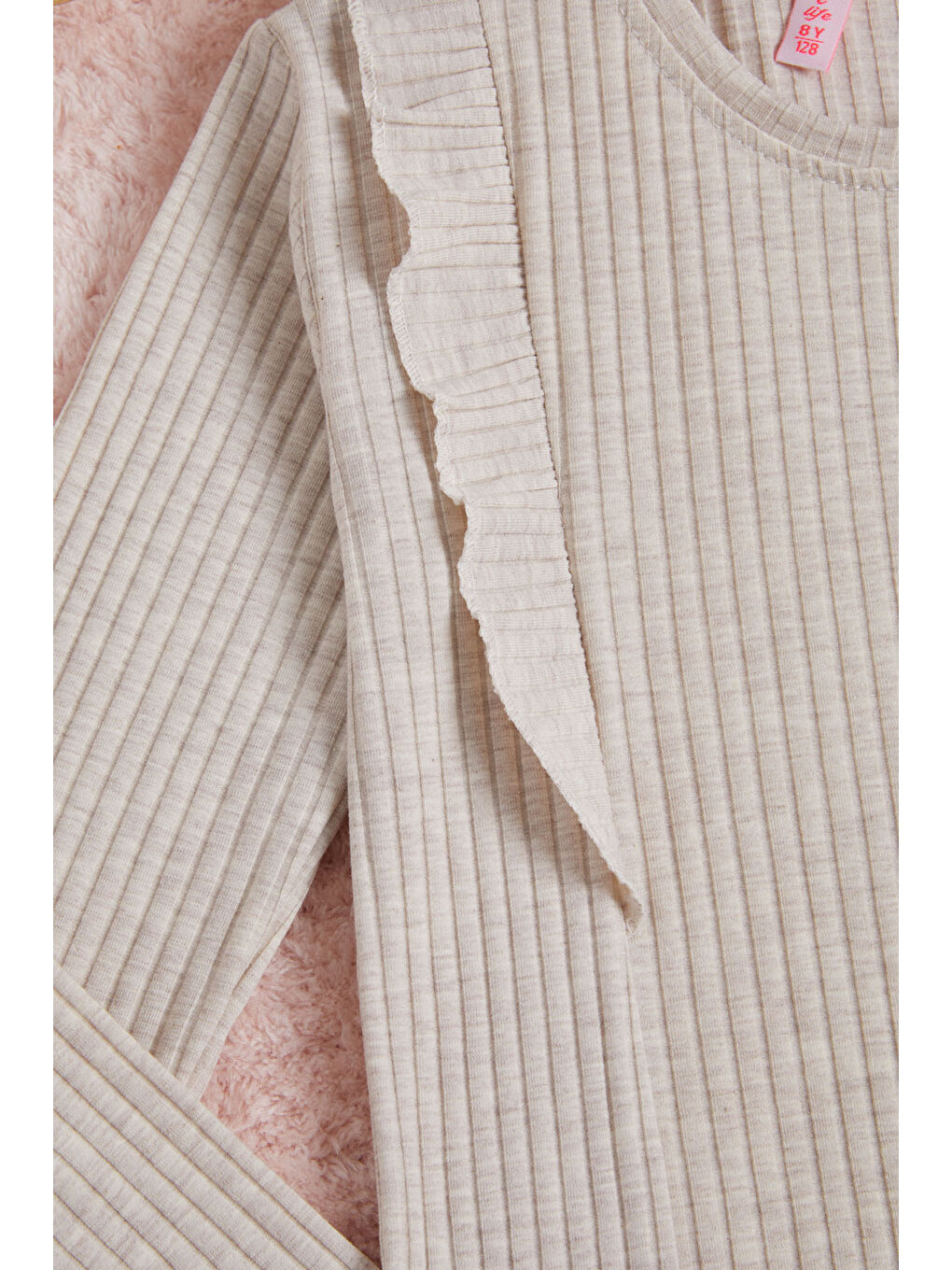 Ekru Krem Önü Fırfırlı Fitilli Uzun Kollu Sweatshirt-3