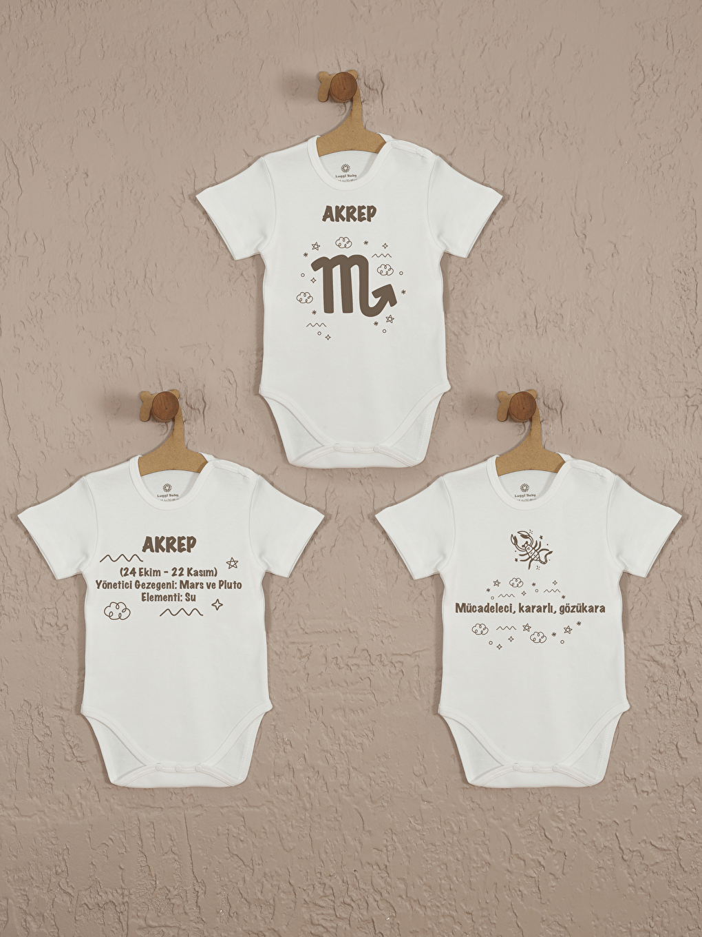 Ekru Bisiklet Yaka Akrep Burcu Baskılı Unisex Bebek Çıtçıtlı Body 3’lü