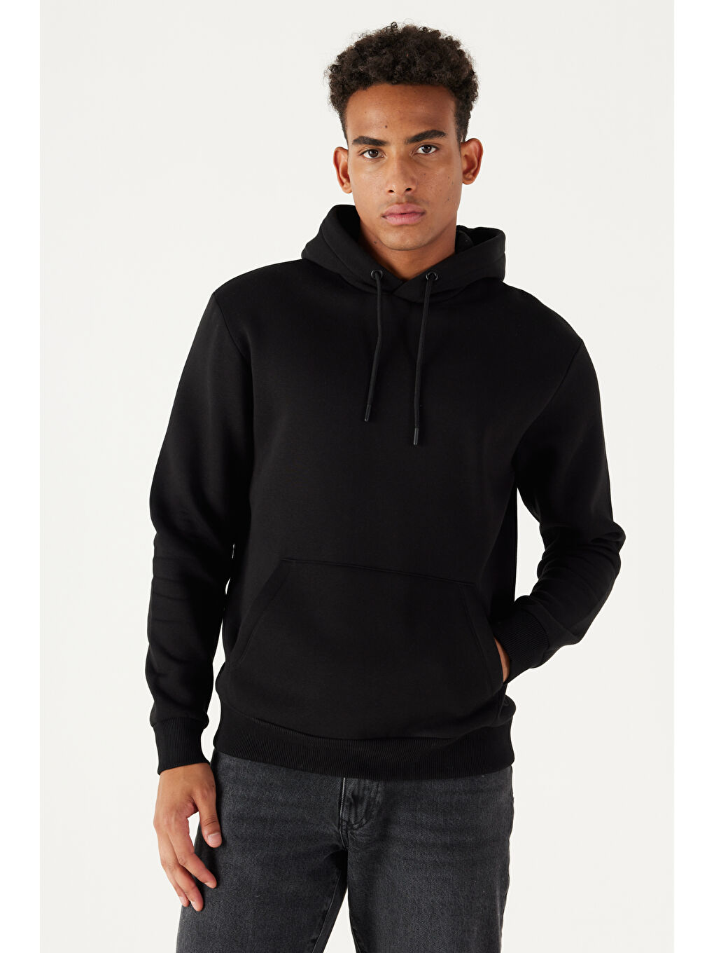 Erkek Siyah Standart Fit Pamuklu Kapüşonlu Sweatshirt-6