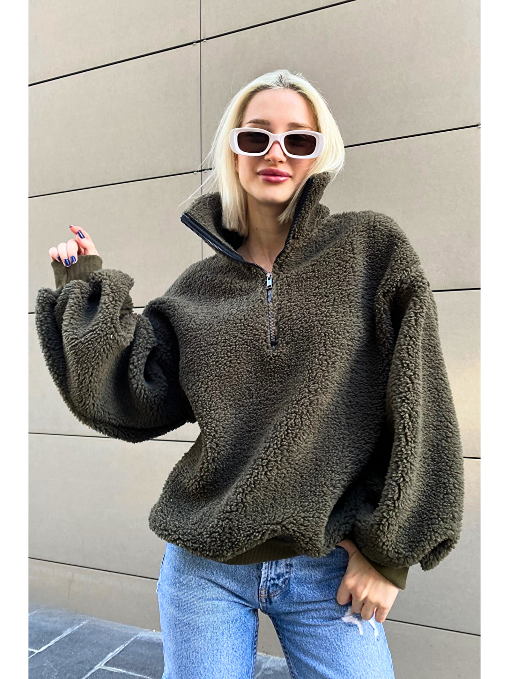 Haki Peluş Fermuar Yaka Sweatshirt Mg1413-8