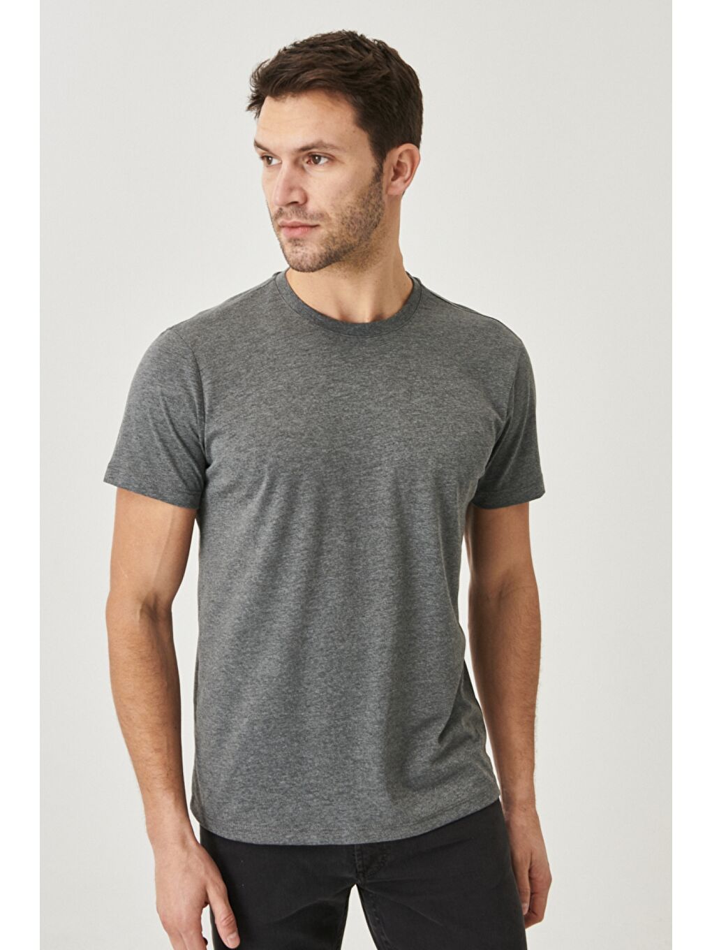 Erkek Antrasit-Koyu Gri Slim Fit Bisiklet Yaka 2'li Düz Tişört Paketi-6